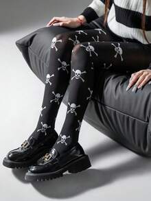 1 Paar 80g Damen Strumpfhosen für Frühling/Herbst, Spinnennetz Muster, Fledermaus Muster, Totenkopf Muster schwarze sexy Leggings, Herbst/Winter Strumpfhosen, Kniestrümpfe, Leggings, Halloween, geeignet für Alltag und Festtage (geeignet für 5-20°C)