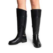 Women's Flat Round Toe Knee High Boots Low Block Heel Side Zipper Boots Fashionable Comfortable Chain Decorated Boots For Fall And Winter - 黑色 - 查看 8