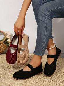 2025年秋季女士四季针织玛丽珍平底鞋，纯色一脚蹬圆头鞋，织物鞋面和衬里，橡胶鞋底，可机洗 - 黑色 - 查看 4