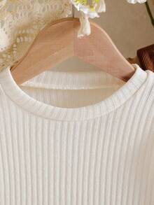 Girls Round Neck Solid Color Long Sleeve Top + 3D Knitted Flower Corduroy Suspender Skirt Casual Outfit, Spring/Autumn - Brown - View 5