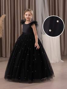 Abito elegante da festa in tulle con maniche a cappuccio e fiocco in perline, realizzato a mano per ragazze pre-adolescenti. Abito da principessa adatto come regalo di compleanno per ragazze, per feste, banchetti, matrimoni, damigelle, e recite scolastiche. - nero - Visualizzare 5