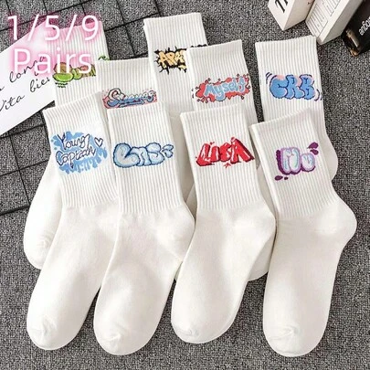 5/9双男女袜子随机白色适合所有季节字母涂鸦卡通图案时尚简约运动吸水透气日常休闲中筒袜秋季袜子