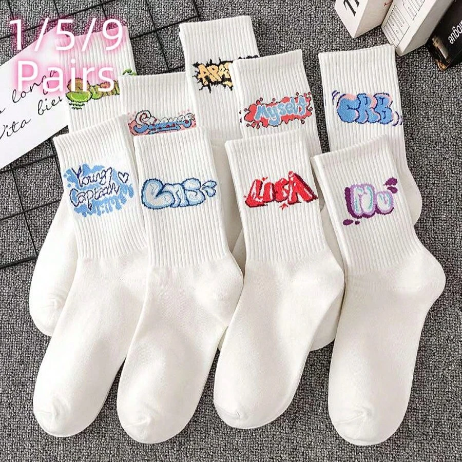 5/9双男女袜子随机白色适合所有季节字母涂鸦卡通图案时尚简约运动吸水透气日常休闲中筒袜秋季袜子 - 白色 - 查看 1