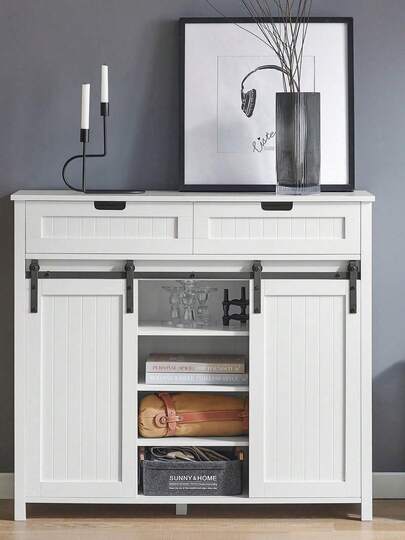 SoBuy Hallway Living Room Kitchen Dining Room Storage Cabinet Cupboard Sideboard With 2 Sliding Doors And 2 Drawers White W104 X D35 X H93cm FSB74-W