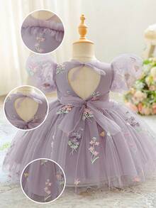 女婴泡泡袖刺绣薄纱可爱生日派对连衣裙，适合花童、婚礼等场合，面料和花纹可能有所不同，不含头饰。 - 淺灰紫 - 查看 6
