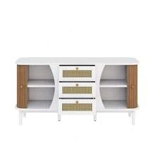 Sideboard, Rattan Chest Of Drawers, Chest Of Drawers With Sliding Doors, Adjustable Shelves And Rounded Top. - White + Particle Board - View 10