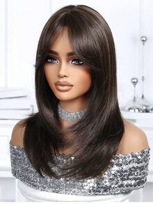 18英寸深棕色直发假发，带刘海，女士适用 - 100%长纤维合成纤维，玫瑰网帽，可塑形，耐热纤维，适合所有头型，精美礼品 - Dark Brown - 查看 4