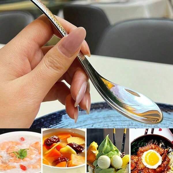 Stainless Steel Hammered Round Bottom Palace Spoon, Household Soup Spoon, Restaurant Rice Spoon, Deepened Chinese Spoon, Dessert SpoonThickened Stainless Steel Soup Spoons, Flat Large Soup Spoons Suitable For Ramen, Vietnamese Pho, Wontons, Dumplings, Miso Soup In Asian Chinese And Japanese Styles. The Deep Oval Shape Comes With A Hook Design.
