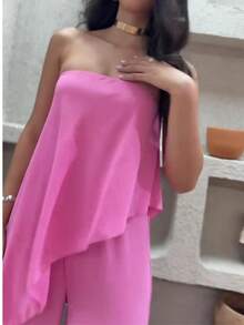 Long Asymmetrical Strapless Pantaloon Jumpsuit Spring Summer - Baby Pink - View 4
