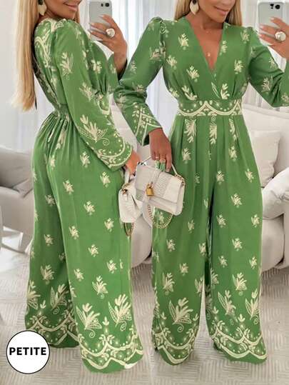 Christmas Petite Women's New Arrival Fashion Placement Print Long Sleeve Jumpsuit