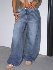 女士刺绣爱心洗水牛仔裤 - 中等水洗藍 - 查看 3