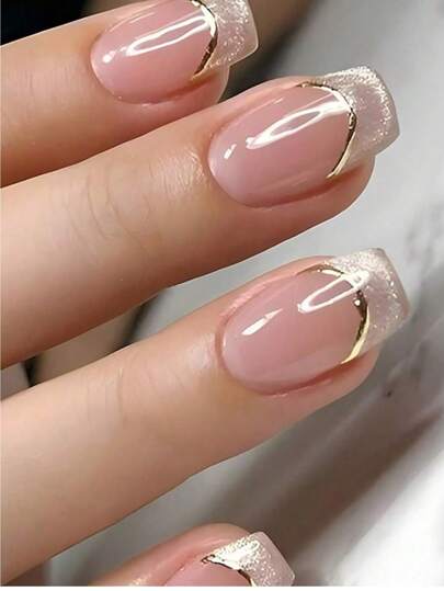 24Pcs Short Square Press On Nails,Icy Nude Base With Glitter Tips & Gold Line Art Salon Quality & Easy Apply Kit With 1 Nail Glue And 1 Nail File Perfect For Daily Office Wear & Date Nights Nail Supplies Nails