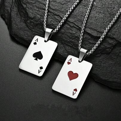 2 Pieces Set Of Fashionable Titanium Steel Chain, Hip-Hop, Niche, Creative Playing Cards, Spades, Hearts, Pendants, Couple Necklaces, Batch