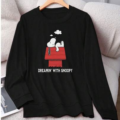 Sognando con Snoopy Snoopy sdraiato sul tetto rosso, casual e semplice, Snoopy manica lunga, collo tondo, maglia oversize da donna, basic con stampa c