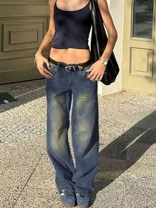 Blugi de damă Y2K toamna, casual, de zi cu zi, spălați, cu mustăți de pisică, cu buzunare în spate, leopard, cu stele, patchwork, cu picior drept