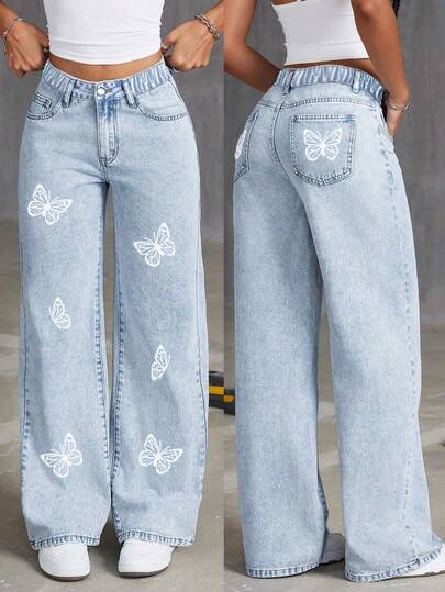 Teens' Butterfly Print Loose Wide Leg Jeans
