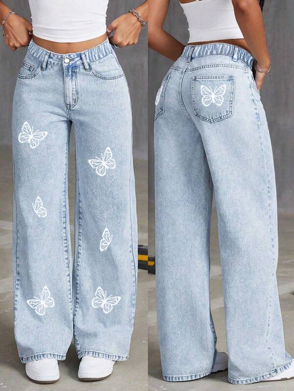 Teens' Butterfly Print Loose Wide Leg Jeans
