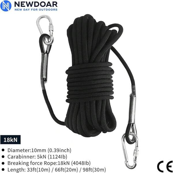 NewDoar Climbing Rope 8(5/16in),10mm (3/8in), High Strength Accessory Cord Rope With 2 Steel Hooks, For Outdoor Rescue Rappelling Rope Down Cliffs Ledges Safety Escape Tow Strap Equipment(Red)
