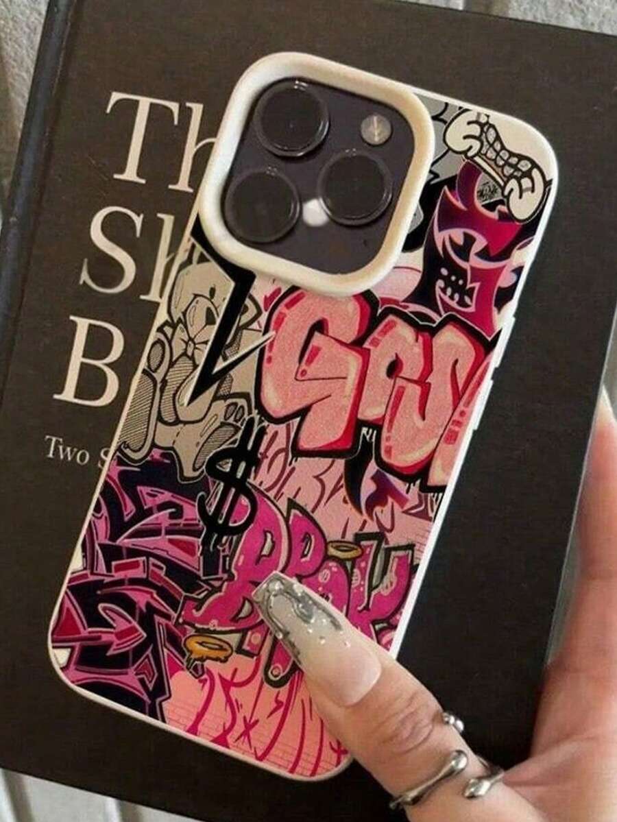 1pc TPU Material Graffiti Pink Letter Stylish Pattern Phone Case, Compatible With IPhone 16 Pro Max/ 15 Pro/14 Plus/13, Minimalist 12/11 Anti-Drop Phone Case Waterproof Shockproof Scratch Resistant - White - View 1