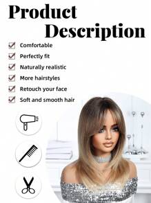 18英寸渐变棕色刘海假发，100%长纤维合成纤维，玫瑰网帽，可重新造型，耐热，适合所有人，精美礼品 - 漸層棕色 - 查看 9