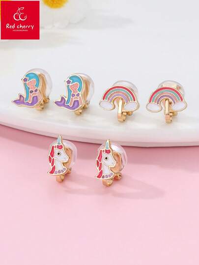 3 Pairs/Set Zinc Alloy Unicorn, Mermaid & Rainbow Shaped Clip-On Earrings, No Piercing Needed, Decorative Accessories Suitable For Daily Wear