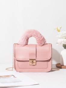 1个女孩复古印花毛绒手提包，可爱金属链条斜挎包，休闲约会手机包，理想礼物