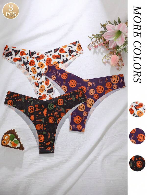 3pcs Women's Seamless Pumpkin Lantern Printed V-Shaped Waistband Panties, Comfortable Fabric Ladies Underwear