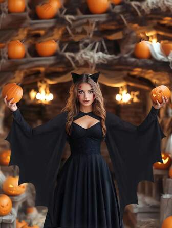 1 件万圣节蝙蝠翼服装，适合女性和成人。万圣节蝙蝠耸肩，带耳朵和头带，适合各种节日