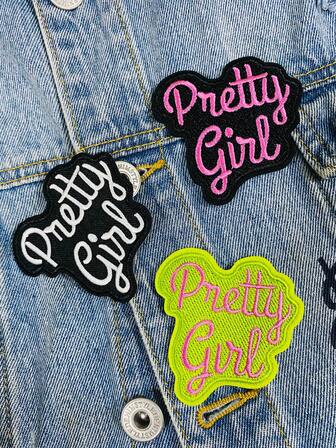 1 套 3 件粉色绿色黑色英文字母刺绣补丁可爱卡通涤纶徽章贴花 DIY 服装熨烫补丁缝纫配件布贴适用于背包、牛仔裤、夹克、T 恤、帽子、连衣裙等