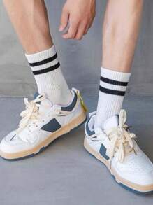 3/6 pares de meias unissex de cano médio, pretas/brancas/cinzas, com listras duplas, para atividades ao ar livre, meias casuais de cano médio, meias de inverno unissex, meias grossas, meias altas, meias de outono