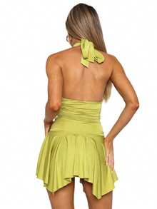 Women Halter Neck Mini Dress Flowy Irregular Ruffle Hem Backless Summer Ruched Cocktail Party Dresses - màu xanh lá - Xem 2