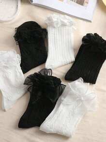 5 Pairs Random Women's Bow, Ruffle, Floral Lace Trim Thin White & Black Mid-Calf Socks, Soft Comfortable Minimalist Lace Socks, Suitable For Daily & Outdoor Wear Women Hosiery