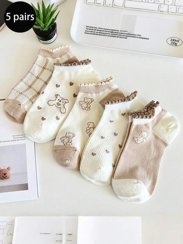 5 Pairs Lace Heart Cartoon Bear Ankle Socks, Thin Casual Cotton Boat Socks For Women, Spring/Summer