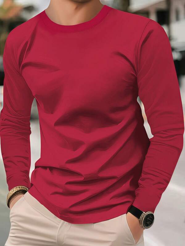 Men's Regular Fit Long Sleeve T-Shirt, Solid Color Basic Style, Fashion Casual Sports Outdoor Wear, Thin Fabric, Suitable For Autumn, Great Gift For Husband Or Boyfriend, Suitable For Street, Commute, Outdoor, Holiday