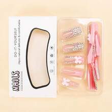 Long Square Press On Nails French Tip Fake Nails Pink False Nails With Bow Rhinestones Designs Long Square Nail Press Ons Sparkly Glue On Nails Cute Stick On Nails For Women 24Pcs - 長款-C5C35 - 查看 3