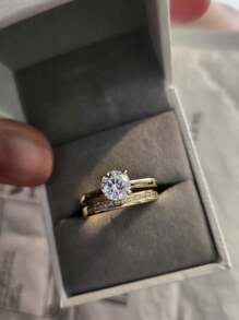 AIHUASI 2pcs/Set Elegant 925 Sterling Silver Yellow Gold Color Wedding Rings Bridal Set For Women 6.5*6.5mm 1.0 Carat Brilliant Dazzling Round Cut AAAAA Cubic Zirconia Solitaire Engagement Ring Fine Jewelry Valentines Gift - Yellow Gold - View 11