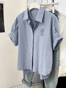 YUXIN 女士竖条纹刺绣短袖衬衫，夏季时尚立领宽松休闲上衣