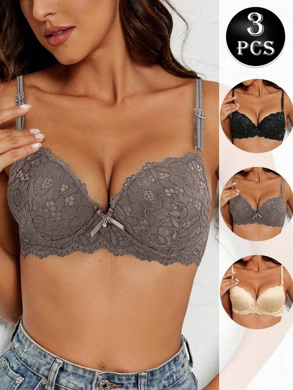 3 Stücke Damen Push-Up-BH Sexy Spitze Unterbügel-BHs, komfortabler atmungsaktiver Lift-Up-BH geeignet für Brautkleid Bustier Dessous