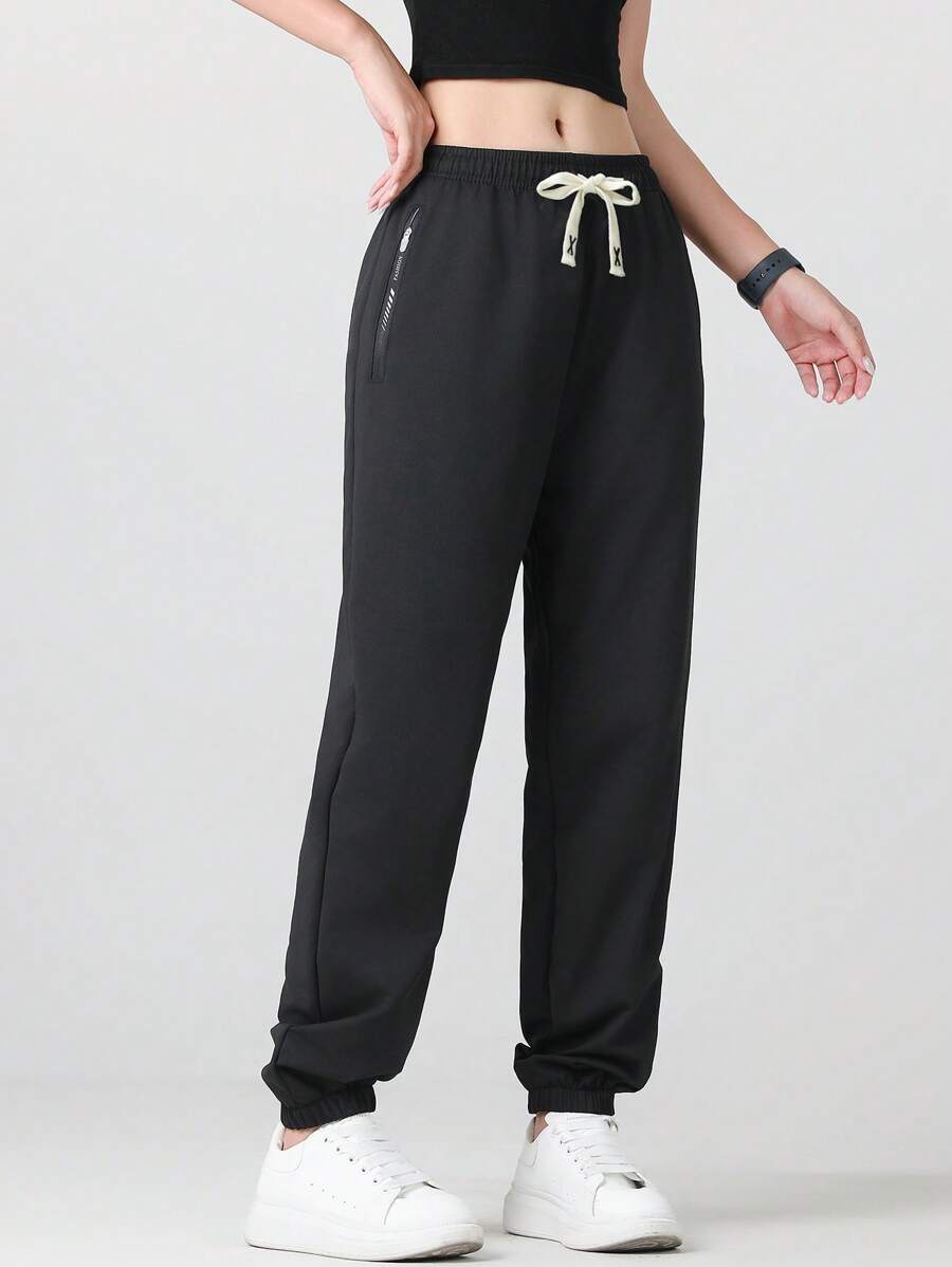 Women's Solid Color Fitness Running Workout Fashionable Outdoor Exercise Sheer Drawstring Elastic Waist With Cuffed Leg Pants, Girlfriend Style Gym Fitted Yoga Outdoor Workout Running Cycling Cropped Sport Trousers, Great Gift For Girlfriend