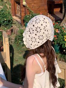 1pc Lightweight Decorative Crochet Hollow Out Tasseled Beanie Hat, Polyester Fiber Material, Fashionable Accessory For Women, Suitable For Summer Sun Protection, Boho Style, Mother-Daughter Matching Outfit