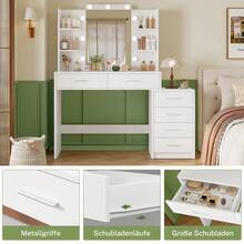 Großer Schminktisch mit Spiegel und Beleuchtung, Schminktisch mit 6 Schubladen und 4 offenen Ablageflächen, Schminktisch-Set mit Hocker, für Frauen und Mädchen