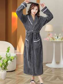 1pc Thick Autumn/Winter Plush Soft Robe, Vacuum Compressed Delivery, Shawl Collar, Loungewear, Bathrobe, For Women, Adults, Students, Casual, Bathing, Salon, Personal Use, Gift - Multicolor - View 17