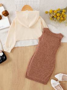 2pcs/Set Girls Cropped Hoodie And Ribbed A-Line Mini Skirt Set, Heart & Letter Print Design, Suitable For Travel, Photography, Family Gathering, School Events, Banquet Or Party (2-7 Years)