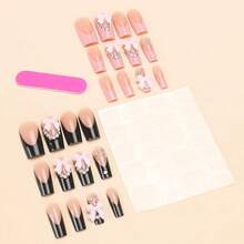 Long Square Press-On Nails: French Tip False Nails With Bow Rhinestones Designs - Pink, Black, Sparkly, Artificial 24Pcs - Long Style-c5C36 - View 3