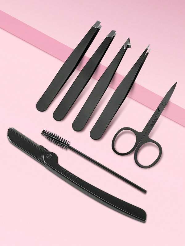 7pcs Stainless Steel Eyebrow Hair Removal, Trimming And Makeup Tool Set, Eyebrow Clipper, Eyebrow Clip, Eyebrow Knife, Eyebrow Brush, Black Eyebrow Trimming Tool, Eyebrow Trimming Set, Professional Hair Removal Tweezers,Makeup,Cheap,Room Decor,Vanity,Travel,Bedroom,Makeup Accessories,Tweezers