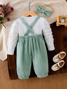 Baby Girl 3pcs Set Casual Outfit, Includes Solid Color Ribbed Splice Long Sleeve Tee Shirt, Floral Embroidery Bib Strap Pants With Pockets, And Bow Headband, Suitable For Spring & Autumn