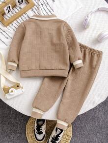 Bhchntiy 2pcs Baby Boy Autumn/Winter New Patchwork Ribbed Polo Collar Jacquard Fabric Solid Color Sweatshirt And Solid Color Jacquard Fabric Pants Casual Fashion Set - Khaki - View 3