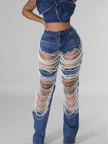 Women's Summer Pants Ripped Heavy-Duty Beaded Stretch Jeans - Màu xanh lam - Xem 1
