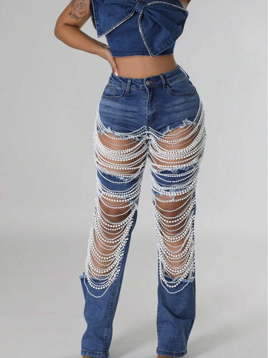 Women's Summer Pants Ripped Heavy-Duty Beaded Stretch Jeans - Màu xanh lam - Xem 1