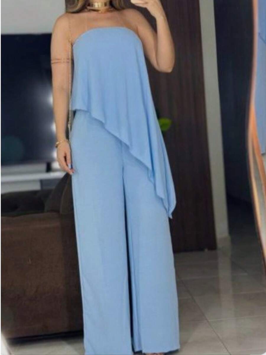 Long Asymmetrical Strapless Pantaloon Jumpsuit Spring Summer - Baby Blue - View 1